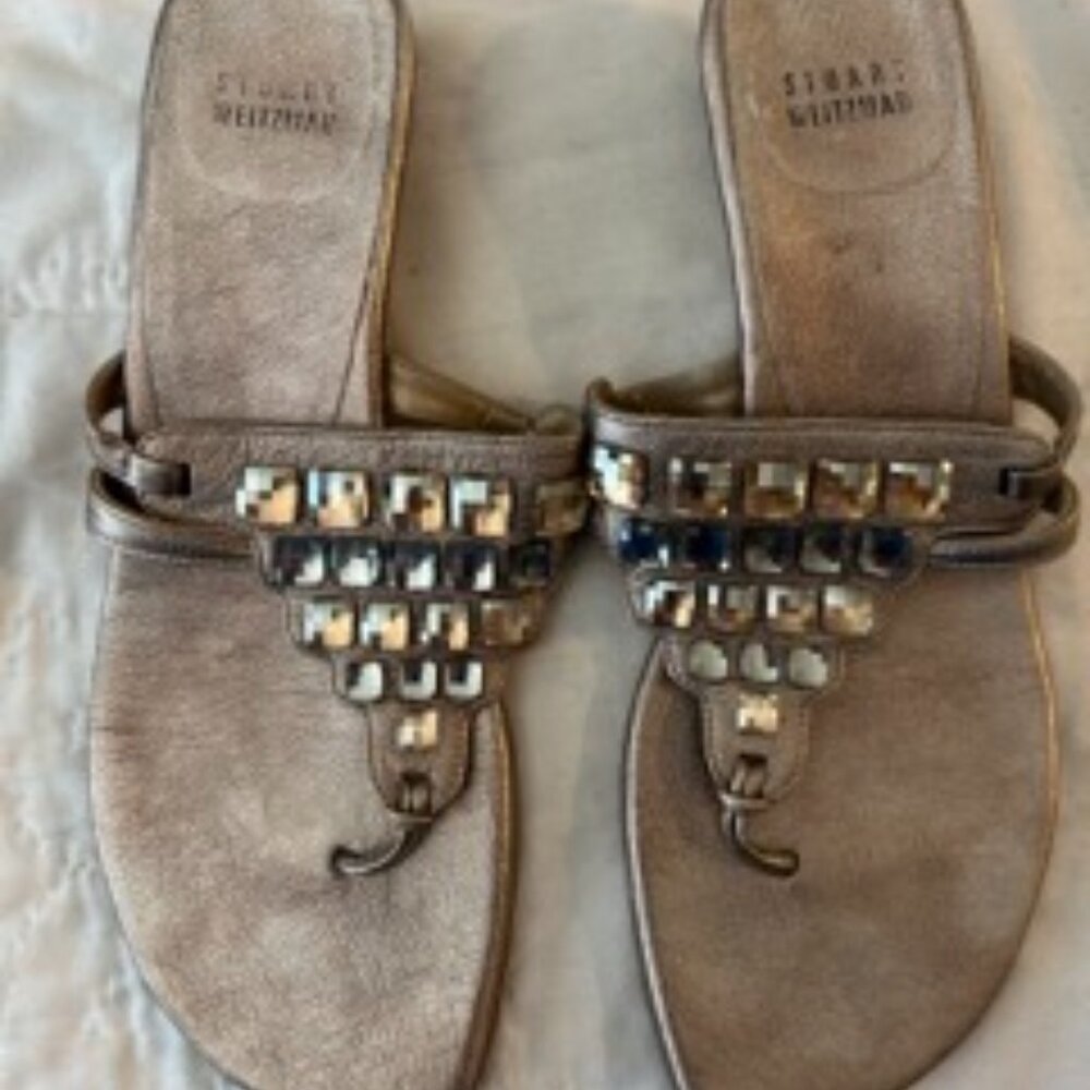 Stuart Weitzman Metallic Jeweled Sandals Size 7.5